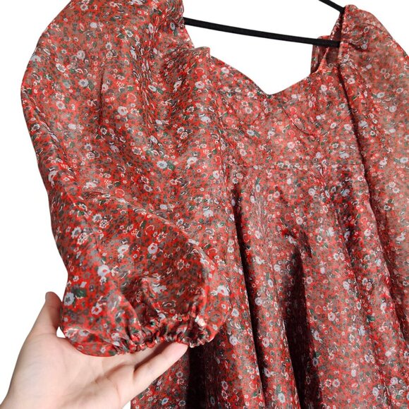 Selkie Princess Crimson Darling Red Floral Puff Sleeve Organza Mini Dress Size S - Picture 8 of 15